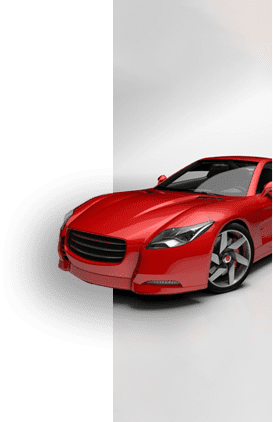 A red car is shown in front of a green background.